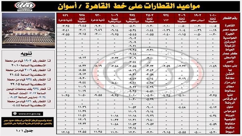 جدول قطارات السكك الحديد