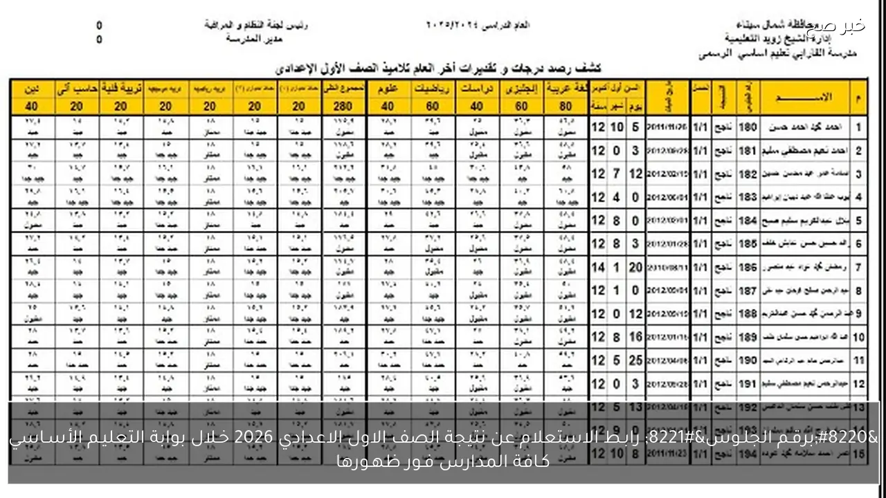 “برقـم الجلـوس” رابـط الاستعلام عن نتيجة الصف الاول الاعدادي 2026 خـلال بوابة التعليـم الأسـاسي كـافة المدارس فـور ظهـورها