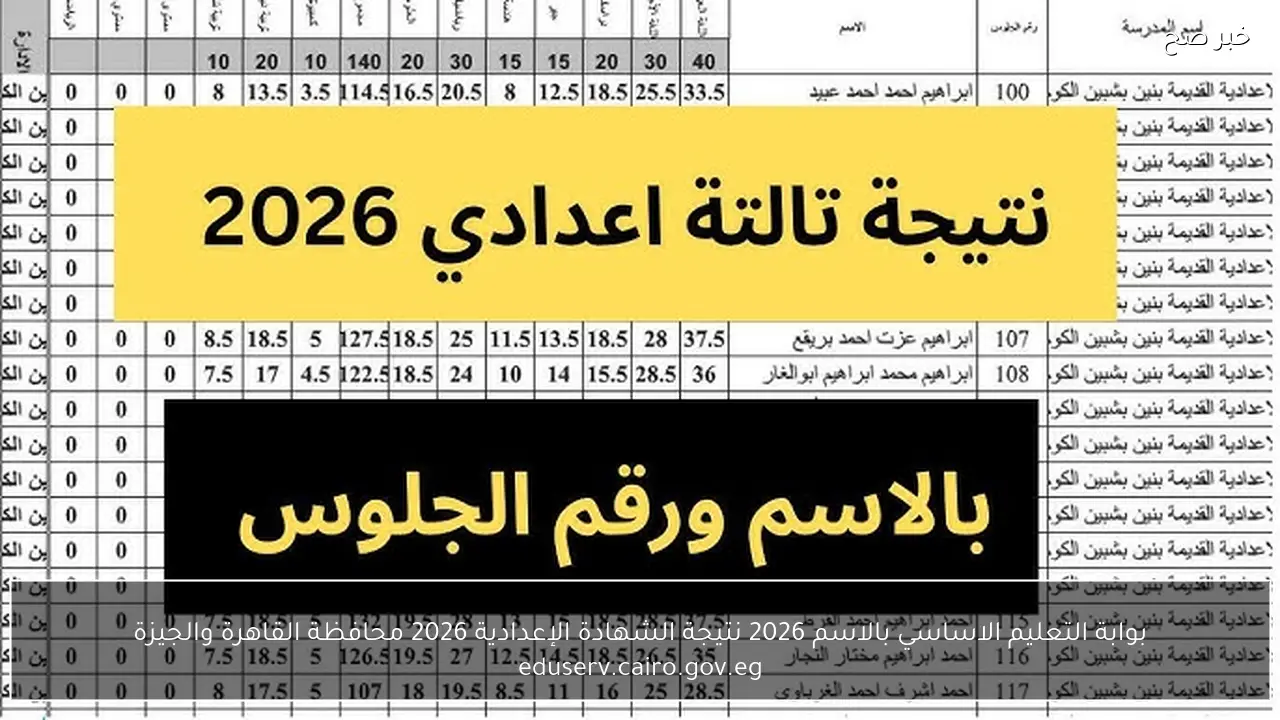 بوابة التعليم الاساسي بالاسم 2026 نتيجة الشهادة الإعدادية 2026 محافظة القاهرة والجيزة eduserv.cairo.gov.eg