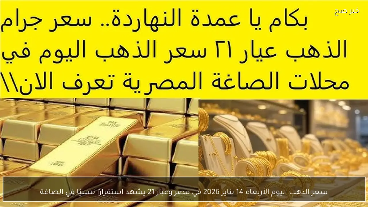 سعر الذهب اليوم الأربعاء 14 يناير 2026 في مصر وعيار 21 يشهد استقرارًا نسبيًا في الصاغة