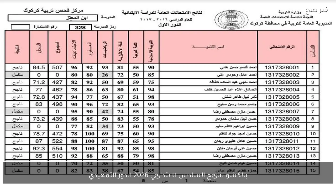 بالكشوفات PDF.. نتائج السادس الابتدائي 2026 الدور التمهيدي عبر موقع نتائجنا الالكتروني