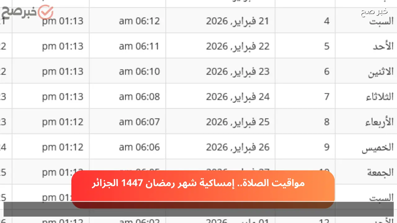 توقيت أذان الفجر.. إمساكية شهر رمضان 2026 الجزائر اليوم الاثنين 5 رمضان 2026 ومواقيت الصلوات